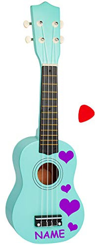 alles-meine.de GmbH Kinder - Gitarre/Ukulele - aus Holz - Motiv & Farbwahl - türkis blau & Herzen lila - violett - inkl. Name - hochwertige Konzertgitarre - 55 cm - Klassik - a..