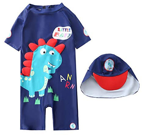 Natashas Baby Jungen Badeanzug Bademode Kleinkinder Einteiler Reißverschluss UPF 50+ UV Schützend Schwimmanzug mit Sonnenhut (Blau, 74/80)