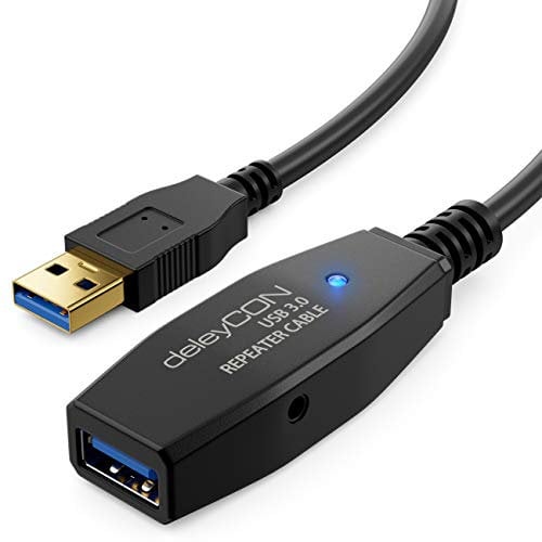 deleyCON 15m Prolongación de Cable Activo USB 3.0 con 2 Intensificador de Señal USB3.0 Cable de Repetidor Cable de Prolongación PC Ordenador Impresora Escáner Negro