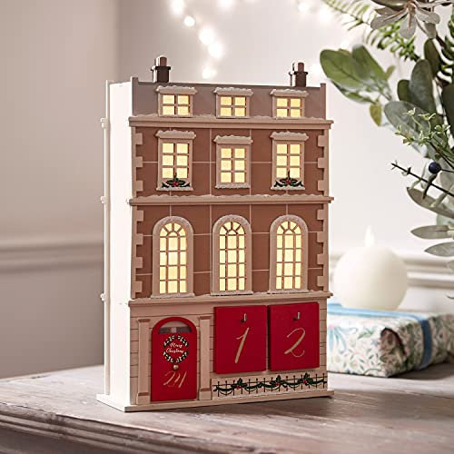 Lights4fun LED Holz DIY Adventskalender zum Befüllen Stadthaus Batterie Weihnachtsdeko Weihnachtskalender 2023