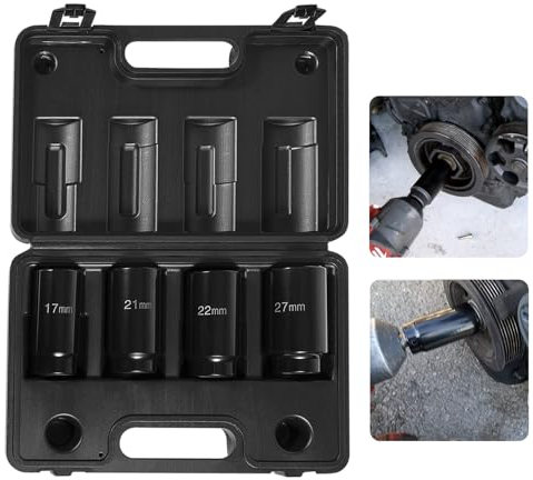 Crank Bolt Sockets Set, 17MM 21MM 22MM 27MM Harmonic Balancer Socket Set, 1/2 Drive Crank Bolt Removal Tool, 3 Times Momentum Power of Standard Impact Socket Set, Deep Counter-weighted Socket Tool