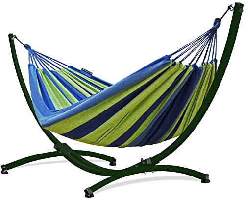 Potenza Outdoor Hängematte mit Gestell für 2 Personen I Baumwolle Doppelhängematte XXL 220x160, 200kg I Hängemattengestell 220kg, wetterfest (Grün, Gestell Grün)