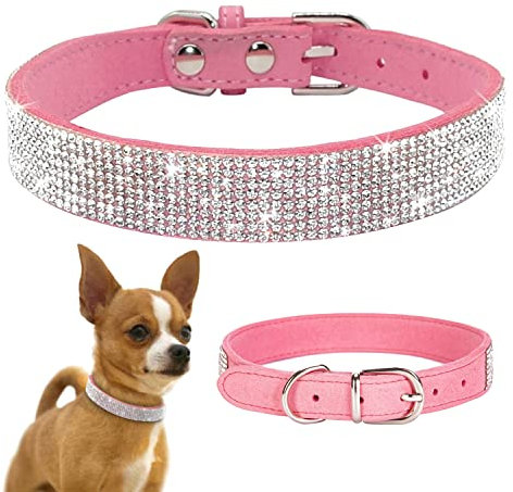 TSKDKIT Puppy Collar for Cat Small Dog Collar Cute Rhinestone Pet Collar Sparkling Cat Collar Soft Leather Pet Collar(S Pink)