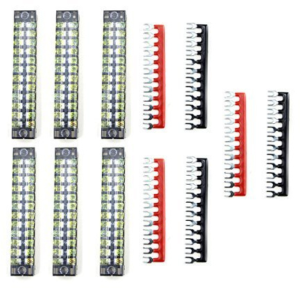 BGTXINGI 12pcs (6 Set) 600V 15A 12 Positions Double Row Screw Terminal Strip and 400V 15A 12 Positions Red/Black Pre-Insulated Terminal Barrier Strip (TB1512)