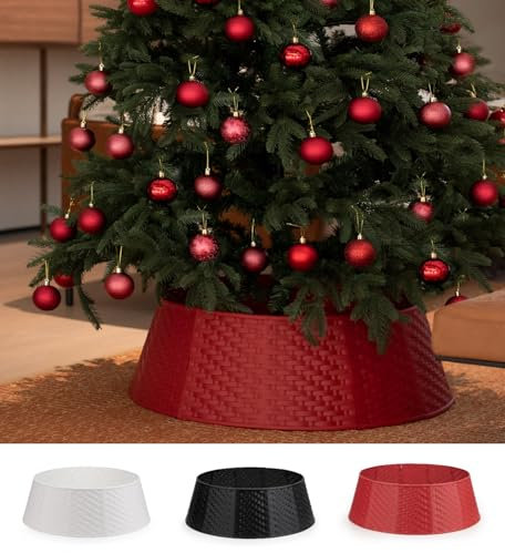Gonna rotonda per albero di Natale, robusto e durevole, 23,1 cm di altezza 57,9 cm e diametro della base 71,1 cm, design intrecciato, 12 anelli in plastica per alberi artificiali o veri, rosso