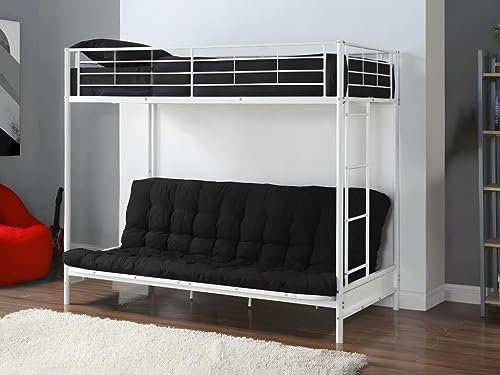 Vente-unique Hochbett 90 x 190 cm ? mit ausziehbarer Sitzbank ? Metall ? Wei· + Futon Schwarz ? Modell V