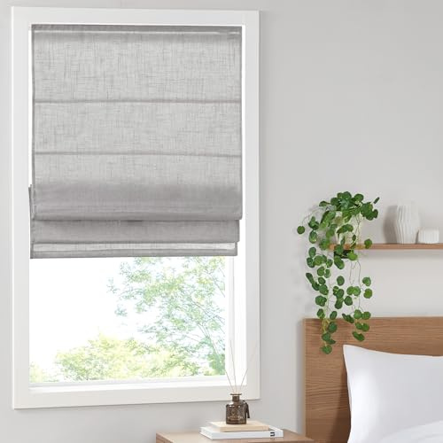 Madison Park Kyler Cordless Roman Shades - Single Panel, Lightweight Linen Blend Fabric, Natural Design, Easy Installation, Light Filtering Window Blind, Bedroom, Living Room Decor 29 W x 64 H Grey
