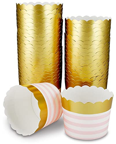 Frau WunderVoll® 25 Muffin Backformen, Gold rosa Streifen, Durchmesser 6,1 cm/Muffinbackform, Muffinform, Backformen, Backförmchen, Cupcake Formen, Muffin Förmchen Papier