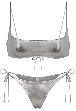 Ensemble Bikini Métallique pour Femmes - Maillot De Bain Sexy Vintage Shiny Micro Scoop Top Tie Side Thong 2 Pièces(Silver,L,10261w)