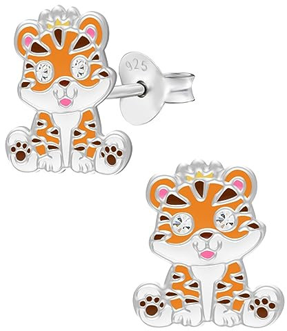 LOVE YOUR CITY Ohrringe, Ohrstecker kleine Baby Tiger Katze. Perfekte Geschenke für Mädchen, Kinder. Hochwertiger Kinderschmuck aus Sterling Silber mit Emaille.