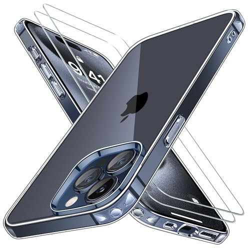Niphabe Klar Hülle Kompatibel mit iPhone 15 Pro Max mit 2 Stück Schutzfolie, Nie Vergilbung Hard PC Case Kratzresistente Rückseite Stoßfest Schutzhülle TPU Bumper Durchsichtig Hülle