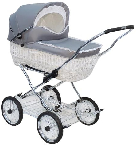 EICHHORN Kinderwagen Weidenkorb - Kinderwagen aus echter Weide, handgeflochten, Korb Weiß, Stoff Rot, Korb Weiß, Stoff Grau