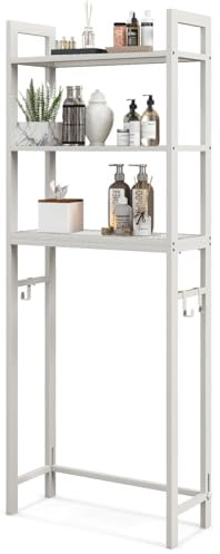 LIFEZEAL Estantería de Metálico para Lavadora Que Ahorra Espacio, Estante de Baño para Secadora, 63x26,5x170cm, Estantería sobre Inodoro con 3 Estantes y Ganchos Desmontables para Toallas (Blanco)