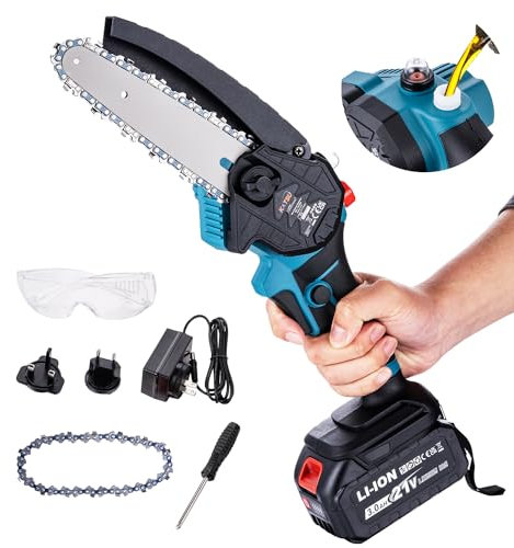 KATSU FIT-BAT 21V Cordless Chainsaw 6 Inch with 3.0Ah Battery and Charger, Extra Chain and Manual Oil Pump, for Garden Tree Branches Pruning Wood Cutting