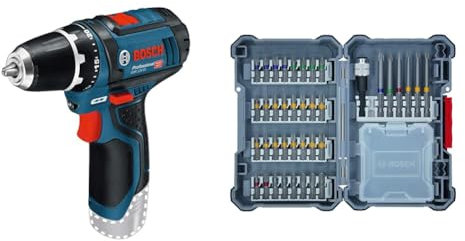 Bosch Professional 12V System GSR 12V-15 Cordless Drill/Driver (excluding Batteries and Charger, in Carton) + 40-Pieces Drill Set (Pick and Click, Extra Hard Screwdriver Bits, with Universal Holder)
