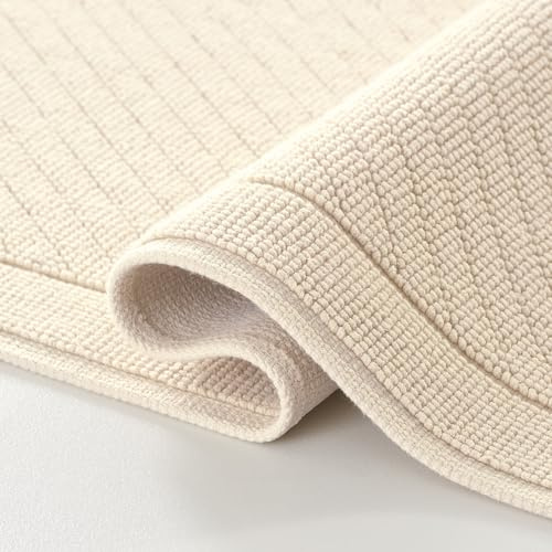 Arkwright 100% Cotton Bathroom Rug - High Absorbent Stylish Textured Woven Design Bath Mat, Slip Resistant Backing for Shower and Bathtub Floor, 20x32 in - Beige