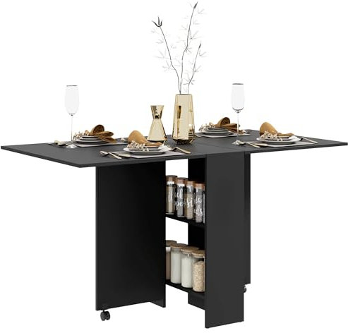 HOMCOM Mesa Plegable de Comedor Mesa de Cocina Plegable con Ruedas Alas Abatibles y Estantes para 4-6 Personas 75x140x74 cm Negro