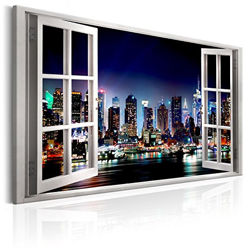 murando - Wandbilder Fensterblick 60x40 cm Leinwandbild 1 tlg Kunstdruck moderne Wandbilder auf Leinwand XXL Wohnzimmer Schlafzimmer Wanddekoration Design Wand Deko Fenster New York Stadt Nacht