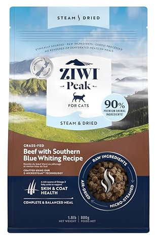 ZIWI Peak Steam & Manzo essiccato nutrito con erba con merlano del sud, 800 g – cibo naturale ad alto contenuto proteico per gatti, alternativo crudo e senza cereali, completamente secco