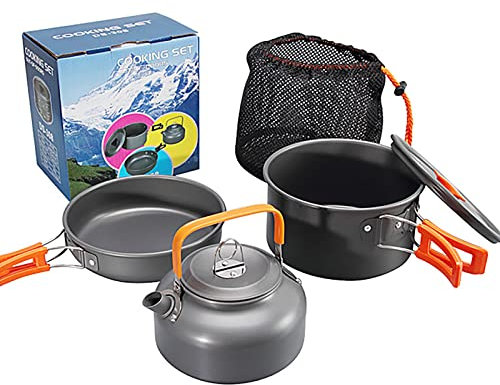 QITHRAN Camping Cookware Kit, 2-3 People Compact Camping Cooking Set Non-Stick Surface, Foldable Frying Pan Pot Kettle Set, with Kettle, Portable Backpacking Pot and Pan Set