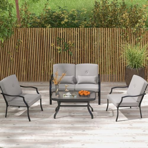 GIANTEX 4 TLG. Gartenmöbel Lounge Set, Gartenlounge Set mit Couchtisch & Gartenbank & 2 Essstühle, Balkonmöbel Set 4 Personen, Garten Sitzgruppe Sitzgarnitur mit Kissen, Terrassenmöbel Gartengarnitur