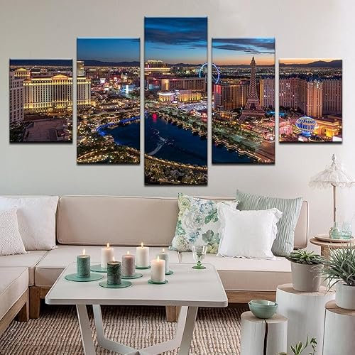 Leinwand Bilder 5 Teilig Las Vegas Strip in der Abenddämmerung Wandbilder Wohnzimmer Modern Bilder, Poster, Kunstdrucke Büro Flur Bad Küchebilder -Ungerahmt