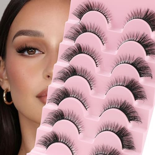 Poiuyoiu Fox Eye Lashes Wispy Faux Cils 7 Paires de Cils Oeil de Chat Faux Cils Naturels Extensions de Cils Réutilisables Cils à Bande 3D Cils de Faux Vison Légers avec Bande Souple
