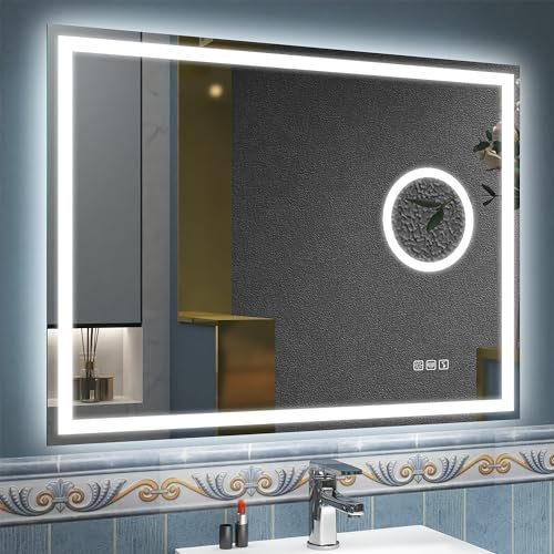 STARLEAD Badspiegel-mit-Beleuchtung 80x60cm, 5X Lupe und Bluetooth, Dimmbar, 3 Farbtemperaturen 3000K-6500K, Entfoggen, Speicherfunktion, IP44 Badezimmerspiegel, Hartglas, Horizontal/Vertikal