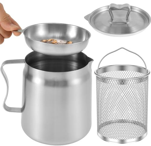 Friteuse avec panier de 2 L - Pot de filtre à huile en acier inoxydable avec couvercle et filtre à maille fine - Pour huile de friture, huile de cuisson, graisse de cuisson