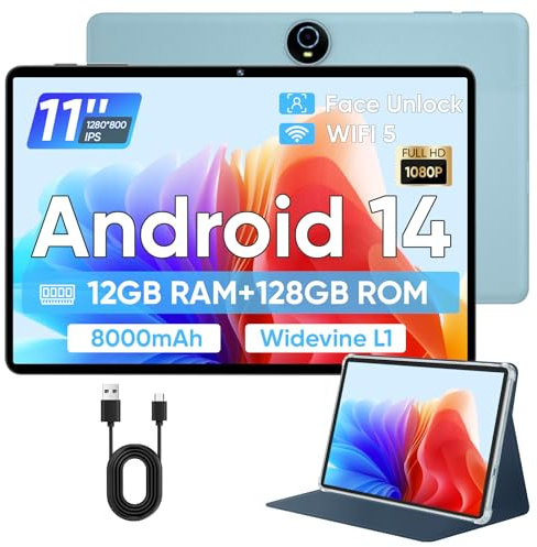 2024 Tablet 11 pulgadas Tablets Android 14 con Octa-Core, 12GB RAM 128GB ROM, 8000mAh Battery, Drop-Proof Case, TF 1TB, HD IPS Touchscreen, 5G/2.4G WiFi, Bluetooth 5.0, GPS, Split Screen (Azul)