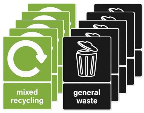 10Pack Recycling Stickers for Bins, 15x10cm Waste Decals Removable Mixed Recycling Signs Self adhesive, Waterproof Plastic Sign with Suitable for Kitchen, Home, Office, Restaurant