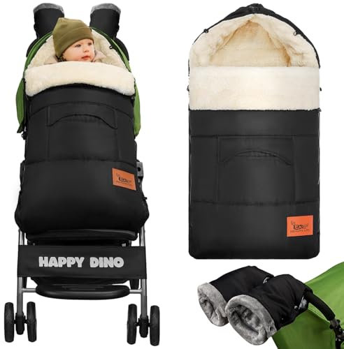 EAQ kinderwagen Fußsack Baby Fußsack Schlafsack,Babyfußsack für Babyschale,handmuff für kinderwagen mit Fleece Innenseite, Winter Geschenk für Neue Eltern (Schwarz mit Handschuhen (separater Stil))