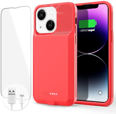 tailasi Battery Case for iPhone 13/13 Pro/14/14 Pro,Ultra-Slim Charging Case Real 7000mAh Rechargeable Anti-Fall Protection Extended Charger Cover for iPhone 13/13Pro/14/14 Pro Battery Case(6.1”) red