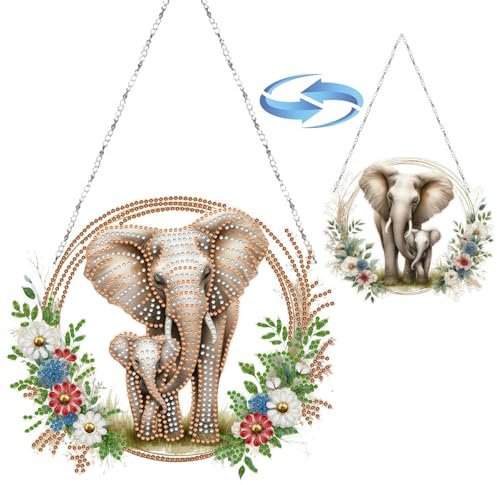 CXINLky DIY Diamond Art Painting Anhänger mit Kette, Tier Diamant Painting Fensterbilder, Kreatives 5D Diamond Malerei Wandbehang Kits für Fenster Wand Garten Decor-06-Elefant