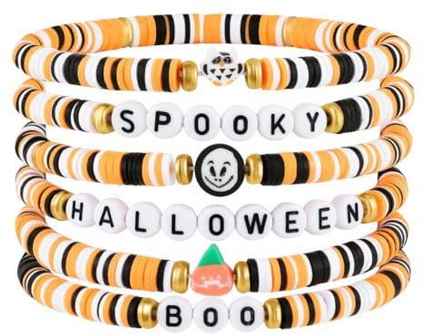 Emibele Halloween Ton Perlen Armbänder für Frauen 6Pcs, Spooky BOO Halloween Armbänder Set mit Kürbis Schädel Charme, Preppy Vinyl Disc Stretch Freundschaftsarmband Stack für Halloween Party, Rave