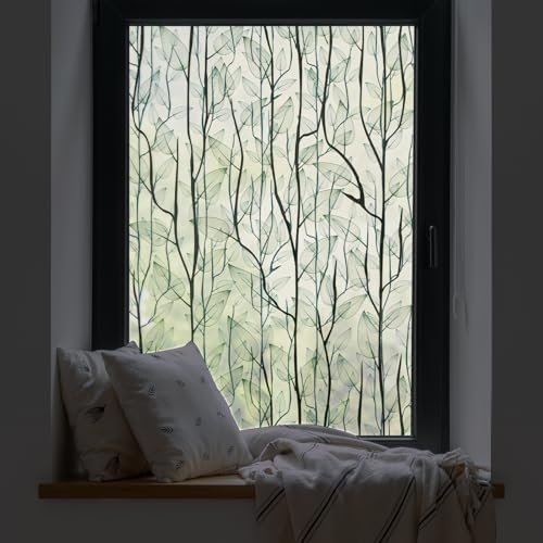 dktie 3D Window Privacy Film Static Cling Window Film No-Glue Frosted Window Film Plants Window Stickers, for Home, Bathroom, Kids Room, Bedroom 44.5x200cm