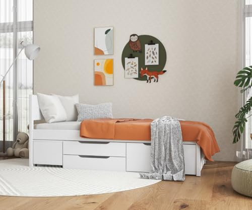 Interlink -Bett mit Schubladen - Einzelbett 90x200 cm – Kojenbett mit Stauraum – Praktisches Jungendbett – Kiefer massivholz – Weiß lackiert – Inkl Lattenrost – Efetivo 90x200cm