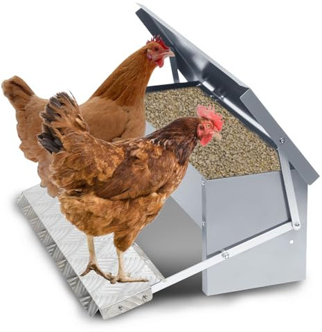 Fiqops Futterautomat Hühner 5KG Futterspender Futtertrog mit Automatisches Pedal und Wasserfest Decke Hühnerfutter für Geflügel, Wasserdicht und rattensicher