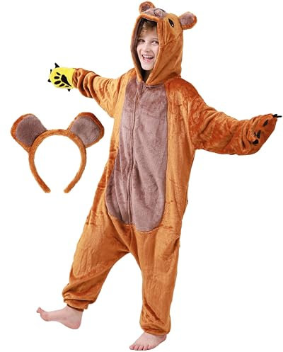 corimori Flauschiges Bären-Kostüm für Kinder mit Haarreif | Karneval Fasching Kostüm Onesie für Mädchen, Jungen | Körpergröße 90-110cm