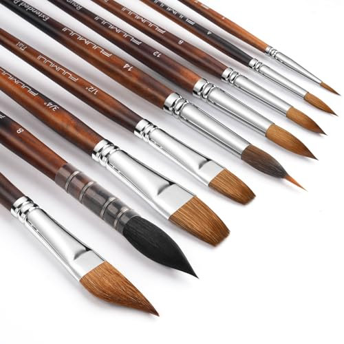 Pinceaux Aquarelle Professionnel - 9 Pinceaux d'artiste en poils Martre & Nature Pinceau en poils d'écureuil pour Aquarelle | Écoulement régulier et Excellente Absorption | Pinceau Poil Naturels
