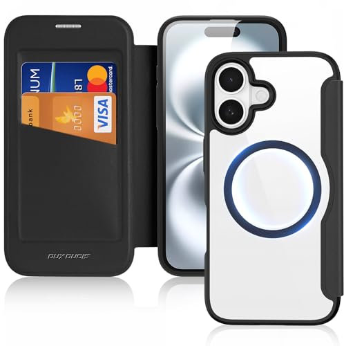 DUX DUCIS Hülle für iPhone 16 6,1 Handyhülle Kompatibel mit MagSafe, Transparente Anti-Kratzer Leder Flip Klapphülle mit RFID-Sperre Schutzhülle Case für iPhone 16 (6,1 Zoll, Schwarz)