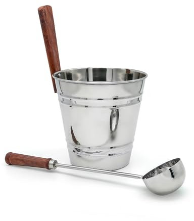 Sauflex Set da 5 litri per sauna, secchio in acciaio inox e cazzuola da 44 cm con manico in legno, accessori per sauna antiruggine