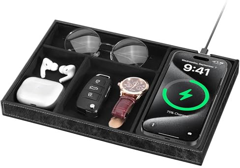 Investme Valet Tray with Wireless Charger, Nightstand Organizer for Men, EDC Catchall Tray for Keys, Watch, Wallet, Jewellery, Premium Vegan Leather, Bedside Caddy, Stylish and Organized, PU Black