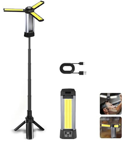 Camping Lamp Rechargeable with Stand,Cordless Work Lights Kit 3 Color Temperatures Dimmable,6000mAh Camping Light with Detachable Tripod,Hooks and Carrying Bag for Camping,Car Repair,Construction Site