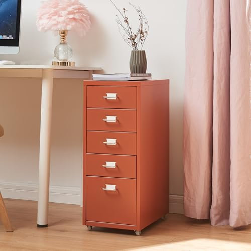 [en.casa] Rollcontainer Kökar Schubladenschrank Metall Aktenschrank mit 5 Schubladen Bürowagen mit Rollen für Arbeitszimmer 69 x 28 x 41 cm Ziegelrot
