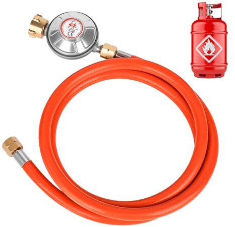 Rzspher Regolatore di pressione del gas, 50 mbar, tubo del gas, 150 cm, filettatura esterna, 1/4 -19 LH, regolatore di pressione a bassa pressione per barbecue per campeggio, picnic, barbecue