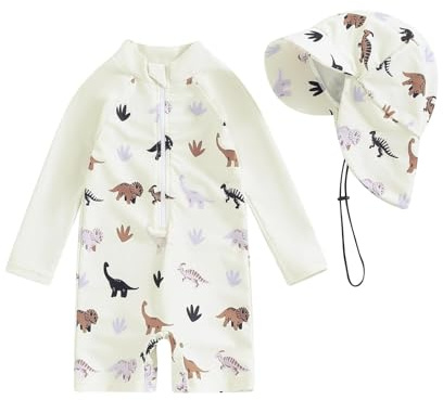 Baby Mädchen Badeanzug Einteiler Rash Guard Badeanzüge Mit Sonnenhut Baby Schutz Badebekleidung Langarm Reißverschluss Rushguard UPF 50+ Sonnenanzug Bademode Schwimmanzug (Beige, 12-18 Months)