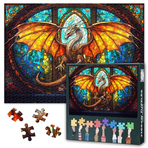 1000 Pieces Jigsaw Puzzle for Adults - Dragon Fresco Majestic Mythical Artwork, 50 x 70cm Impossible Parlour Games,Stained Glass Puzzle, Educational Puzzles