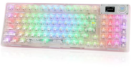 OUSEITECH F98pro transparente mechanische Tastatur, dreimodale Verbindung, vollwertige Hot-Swap-Tastatur, mit LCD-Intelligent-Display und Multifunktionsknopf, 85% Layout, Gasket-Struktur, Rosa,95keys