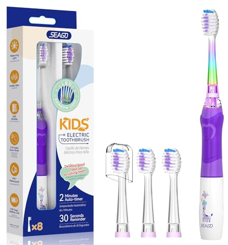 Seago Elektrische Zahnbürste Kinder ab 3-12 jahre Kinderzahnbürsten mit Farbigem Licht Smart Timer 4 Weich Bürstenköpfes Wasserdicht Baby Schallzahnbürste für Mädchen Jungen SG-977 (Violett-DE)